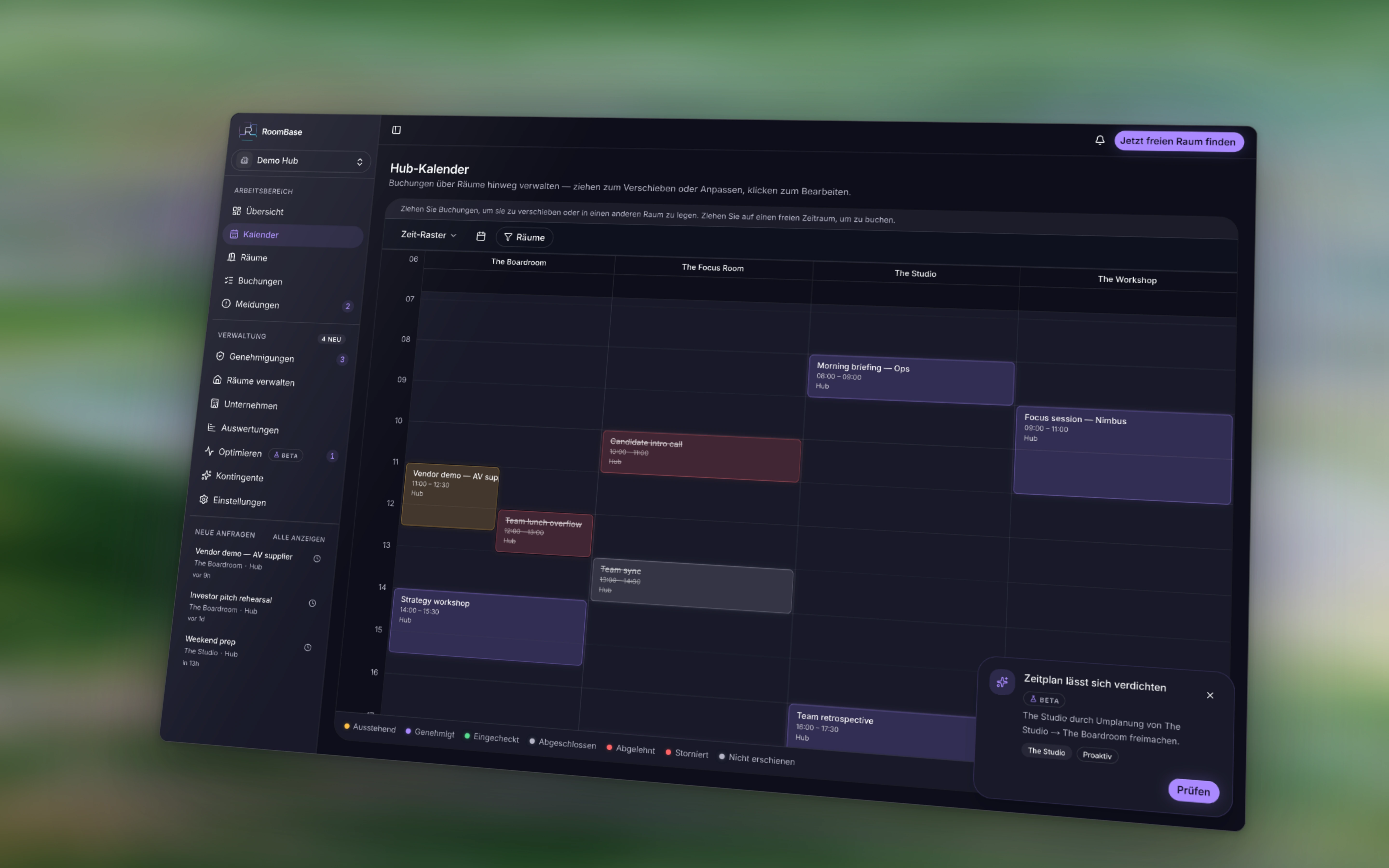 Gefüllter RoomBase-Kalender mit Buchungen für die vier Räume im Demo Hub