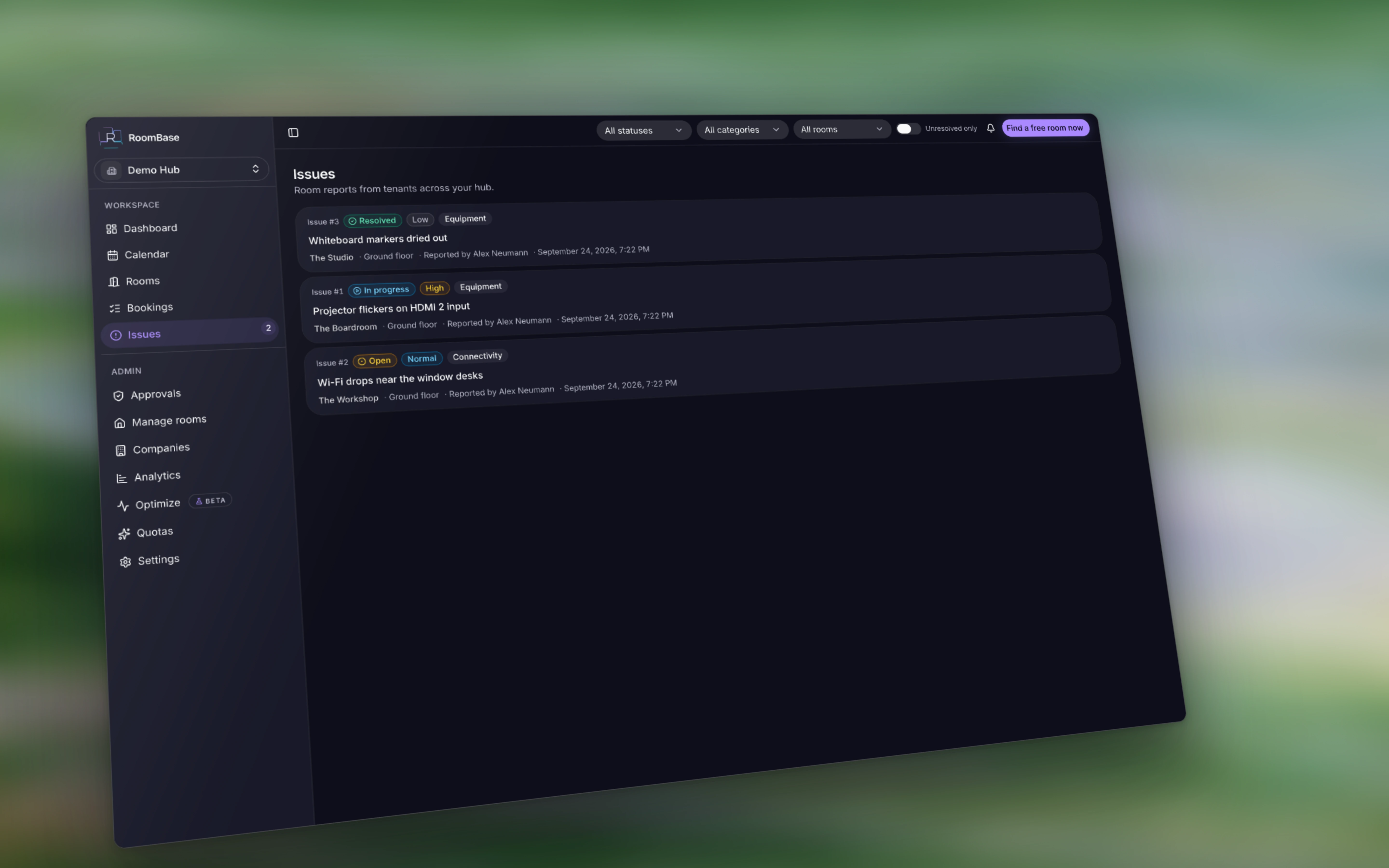 RoomBase issues list showing reported room problems with priorities and statuses